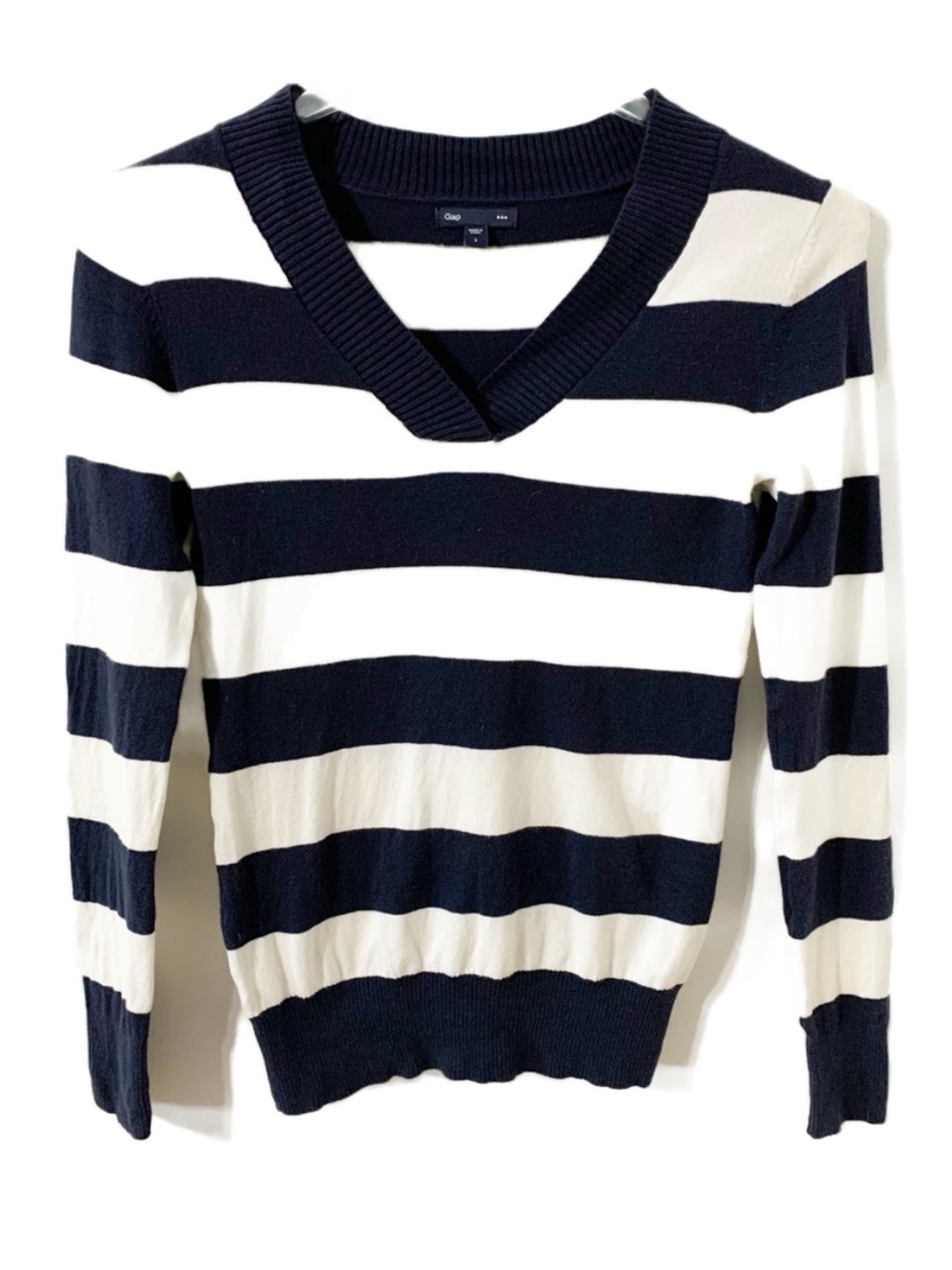 Gap Cotton Blend Crossover V-neck Wide Striped Long Sleeve Sweater Ribbed Detail